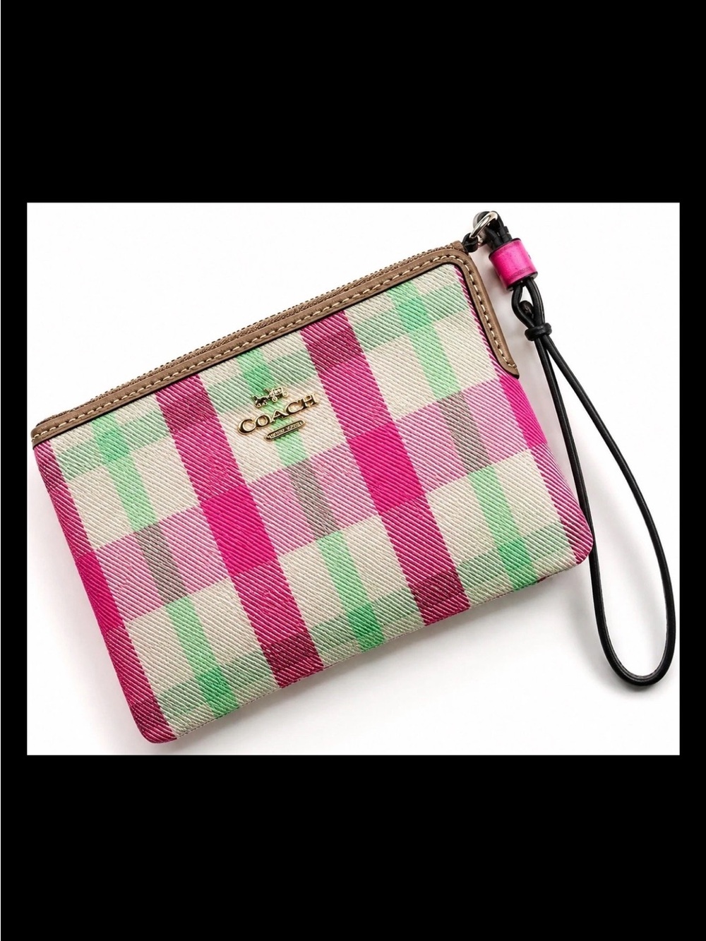 Coach Pink Green Plaid Corner Zip Wristlet Wallet NWT